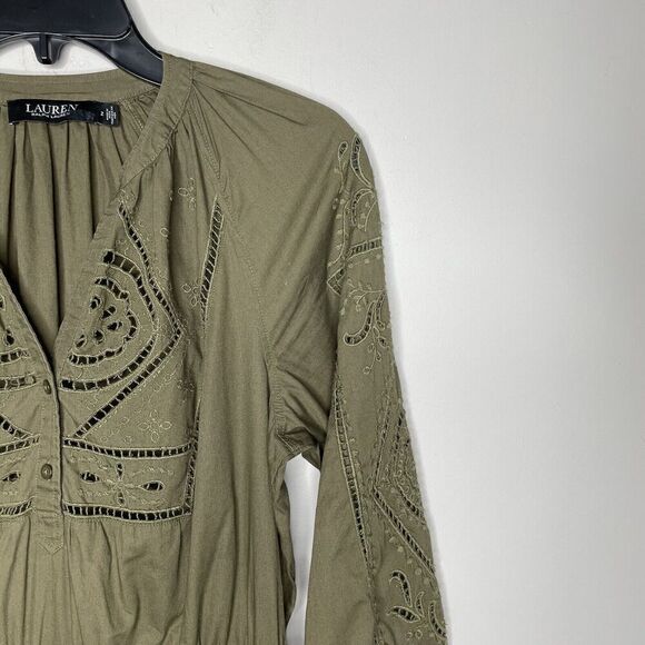 LAUREN Ralph Lauren Sulashka Dress Women 2 Olive Green Embroidered A-Line Cotton - Picture 3 of 14